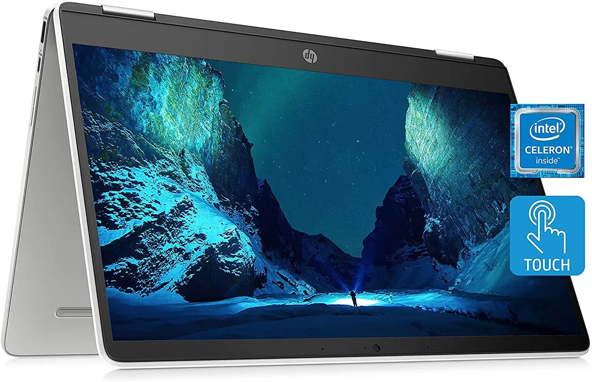 Silver convertible laptop with 360 degree hinge and 14 inch screen