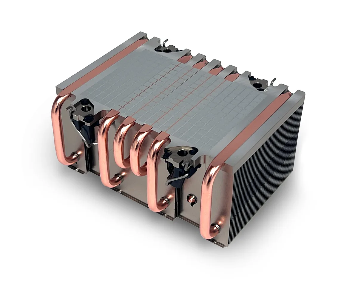 Silver aluminium fin heatsink with heat pipes, 2U passive cooler, 126.8 x 97.8 x 64.0 mm
