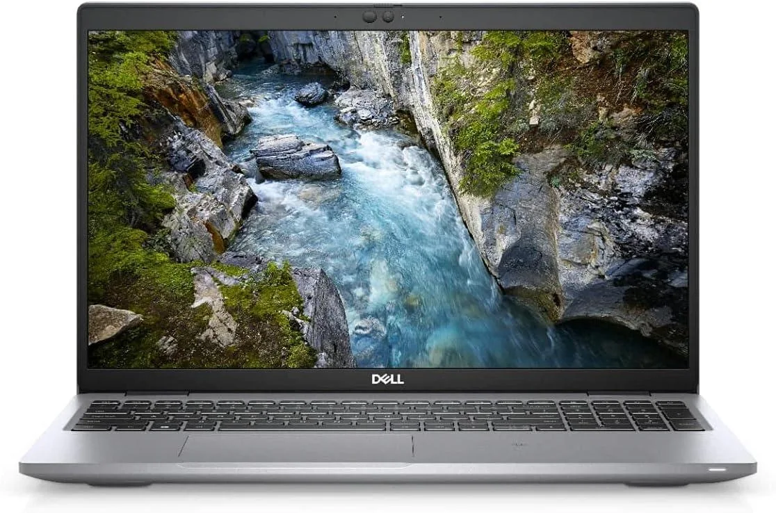 Silver Dell Precision 3560 laptop open showing 15.5 inch touchscreen and backlit keyboard