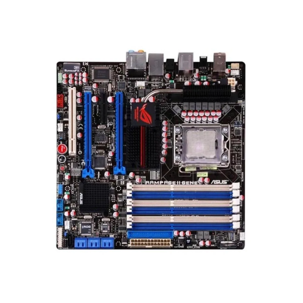 Micro ATX motherboard black PCB silver heatsinks LGA 1366 socket DDR3 slots