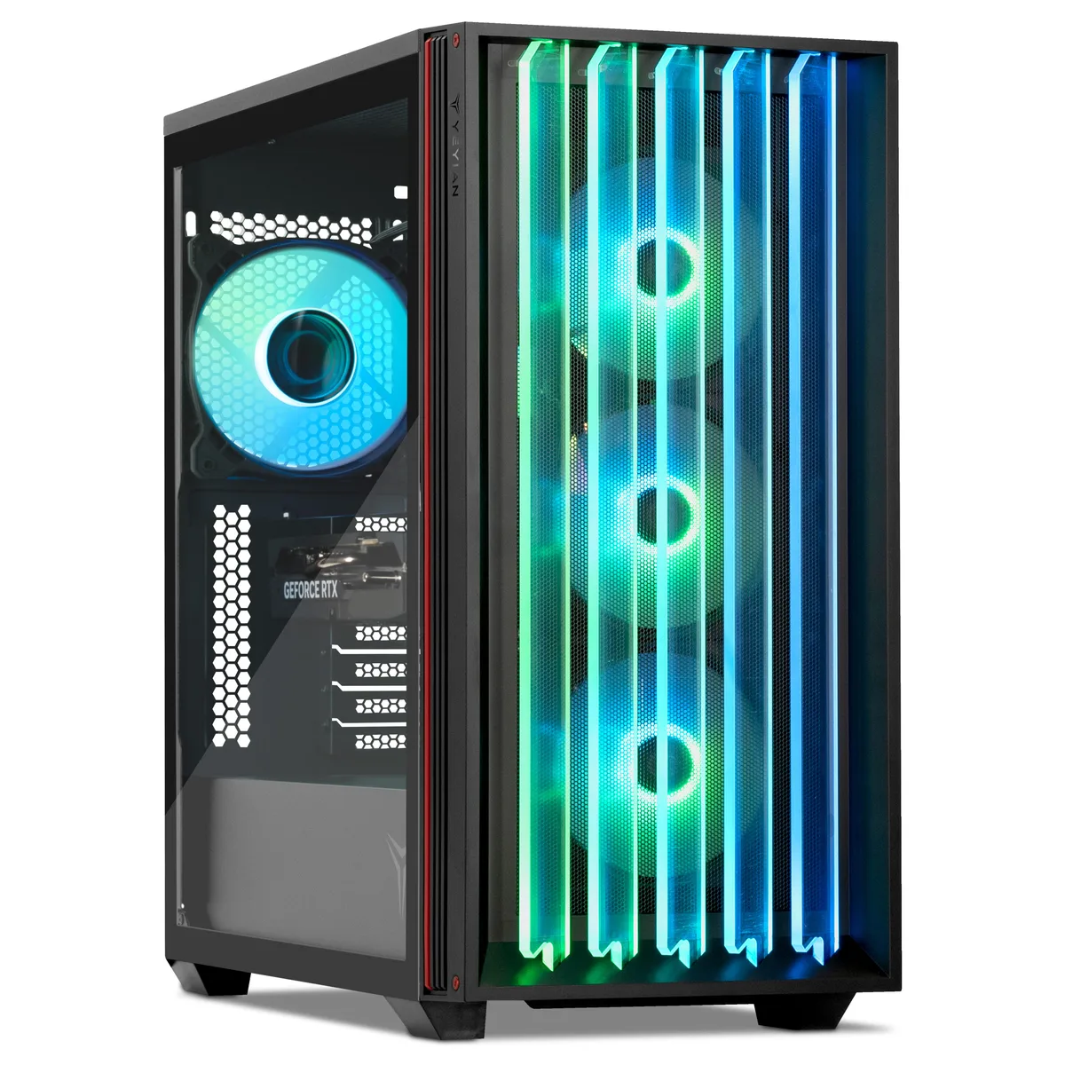 Black mid-tower gaming desktop with four ARGB fans visible behind tempered glass side panel