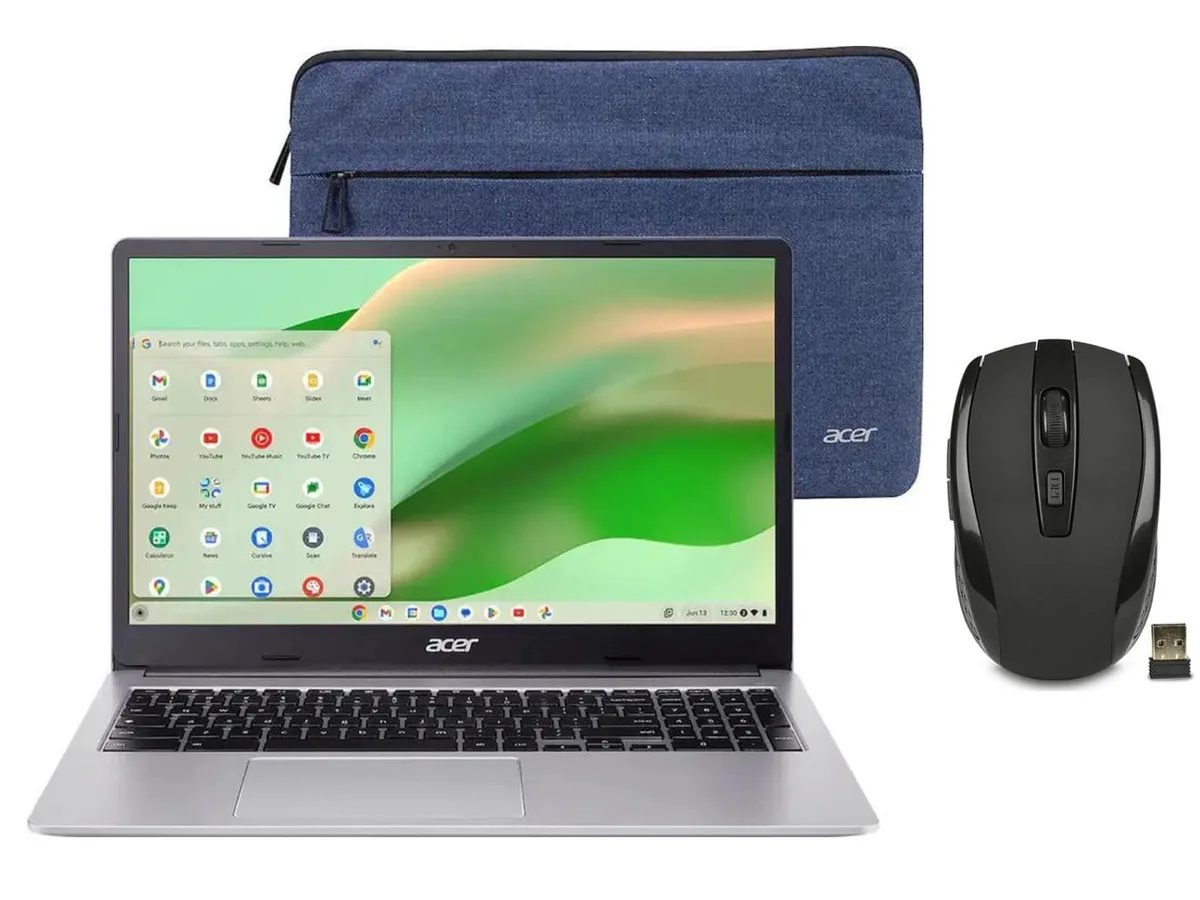 Silver 15.6 inch Acer Chromebook laptop with wireless mouse