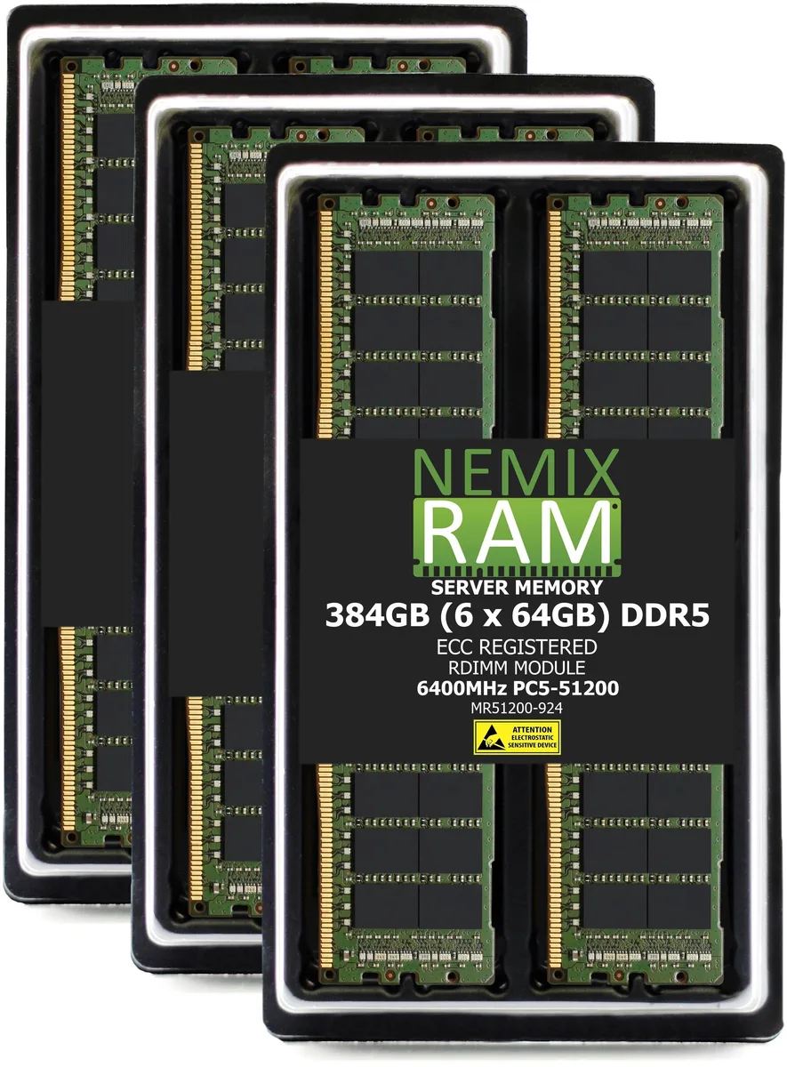 NEMIX RAM NEMIX RAM 384GB (6x64GB) DDR5-6400 ECC RDIMM CL52 1.1V 2Rx4 memory upgrade for Supermicro H13SRH — produktbild