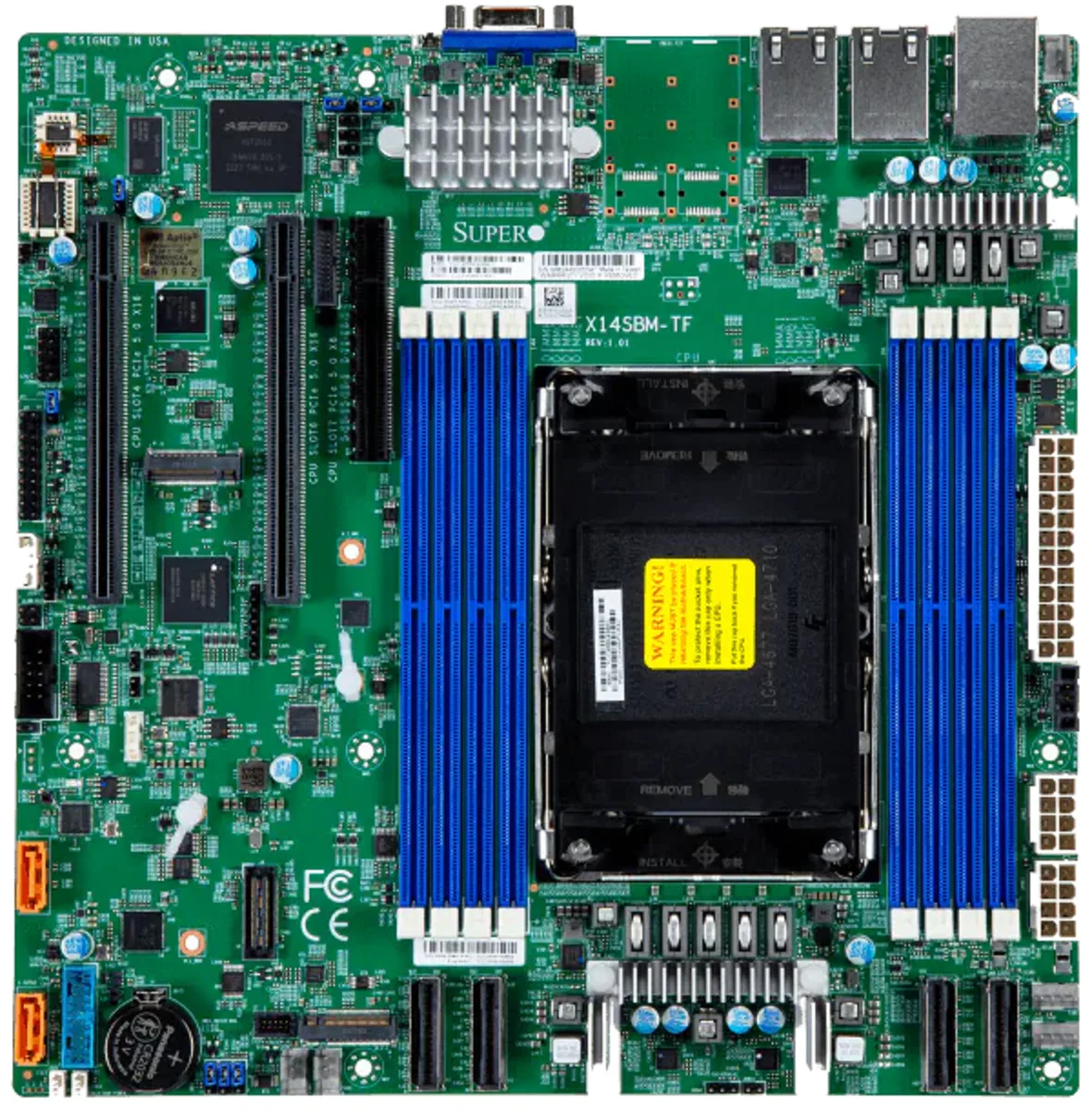 Green rectangular Micro ATX server motherboard with silver CPU socket, eight black DDR5 slots, two 10GbE RJ45 ports