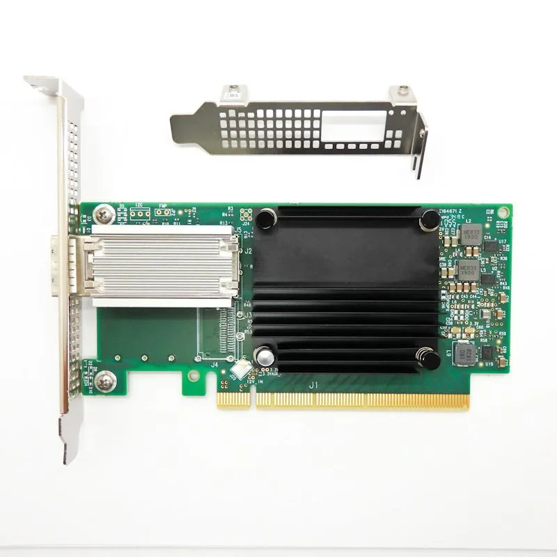 Green PCIe card with metal bracket and single QSFP28 port