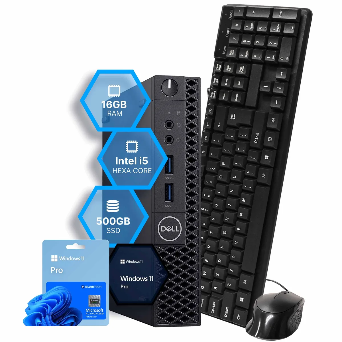 Black Dell OptiPlex 3070 Mini PC with wired keyboard and mouse