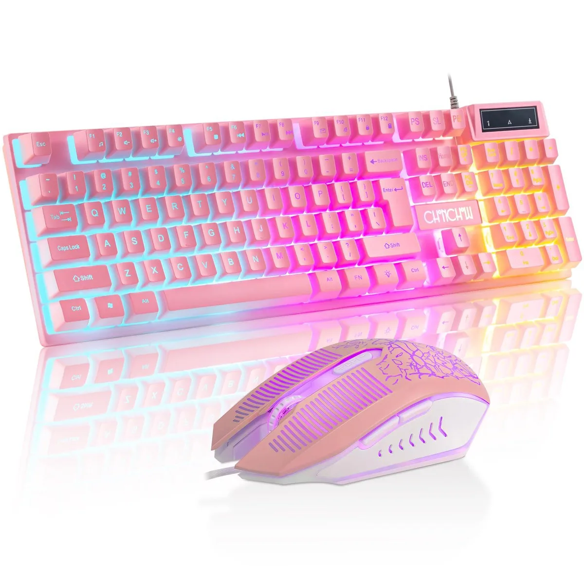 Pink wired gaming keyboard and mouse set with LED backlighting