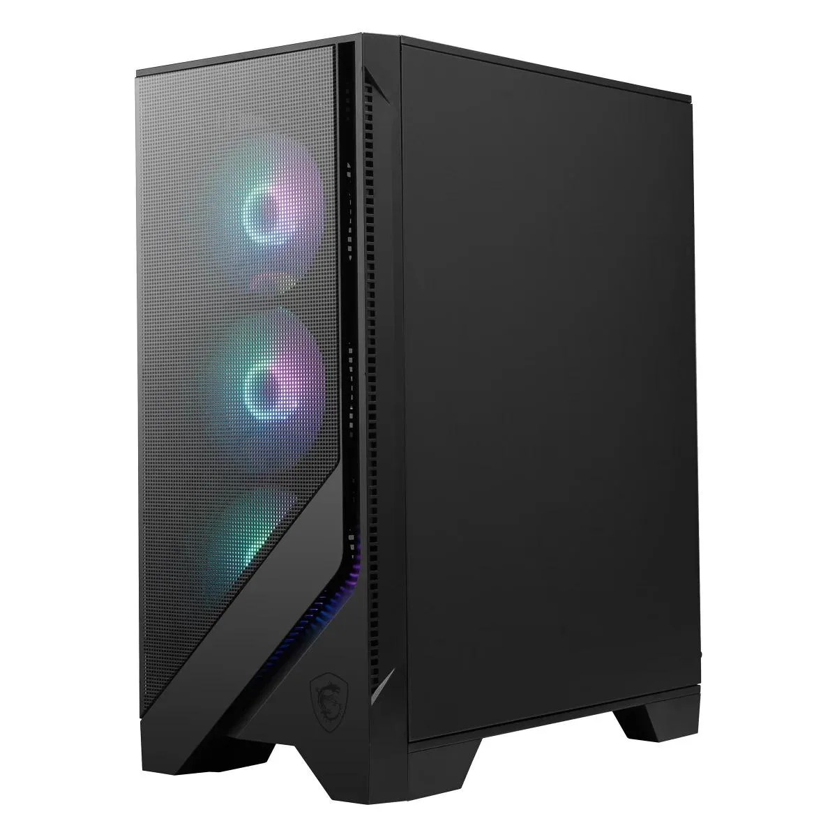 Black mid-tower desktop with RGB CPU cooler, front USB-C and USB-A ports, bundled keyboard and mouse