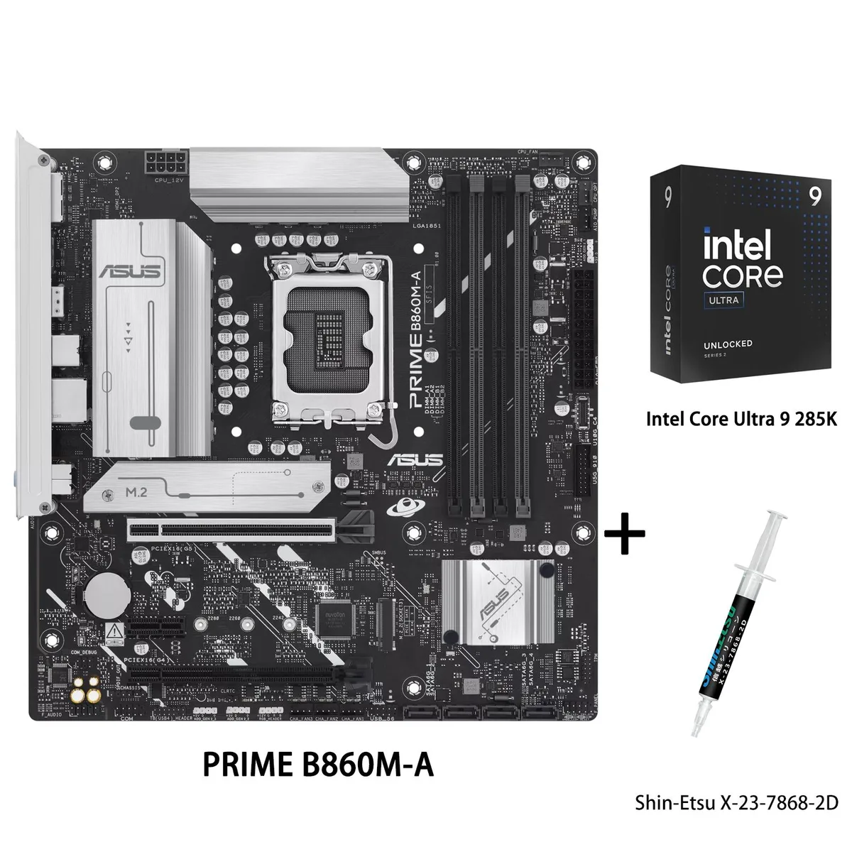 ASUS PRIME B860M-A micro-ATX board with Intel Ultra 9 285K CPU and thermal paste tube