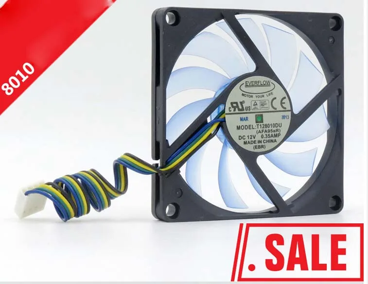 Black square 80mm fan with blue-transparent blades and four-pin connector