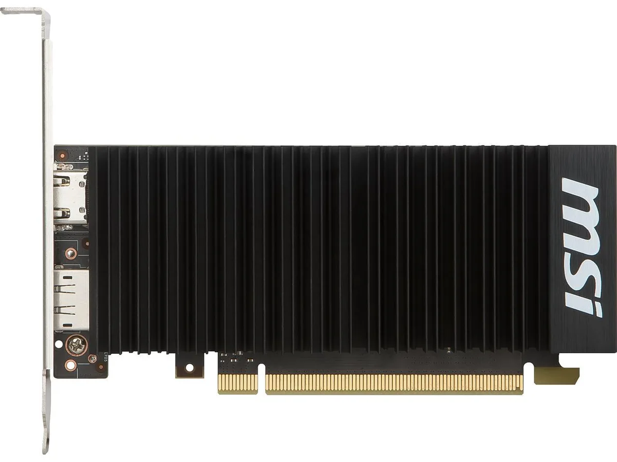 Low-profile black graphics card with passive cooler, single slot, HDMI and DisplayPort outputs