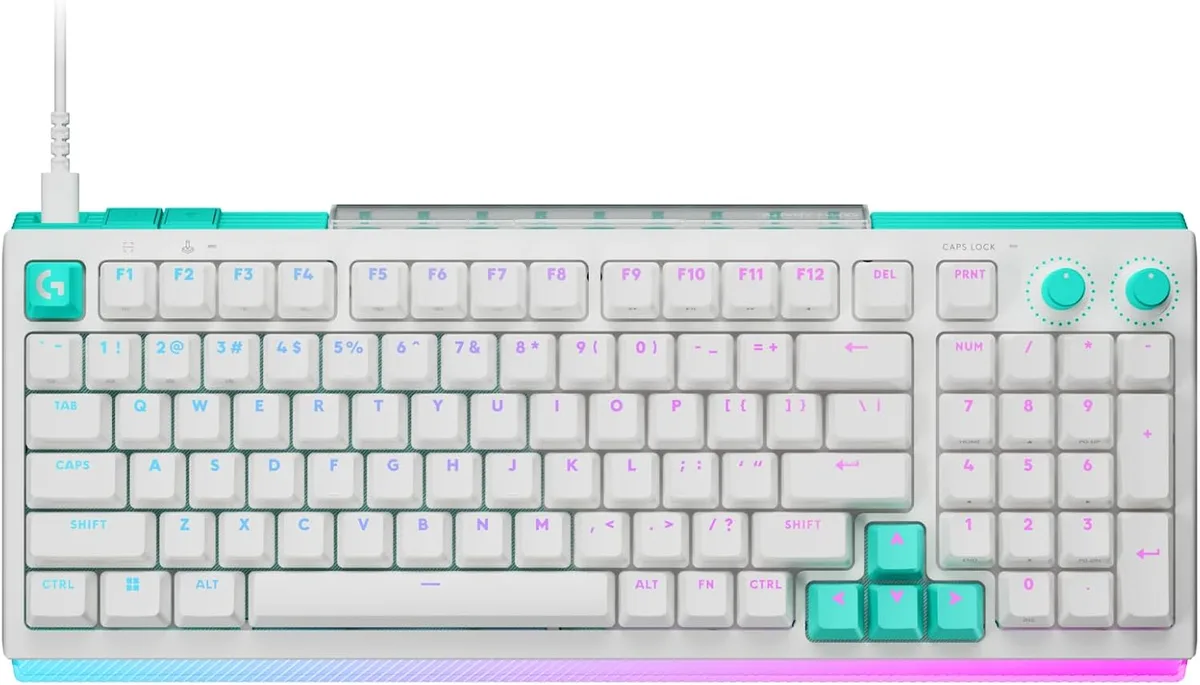 White Logitech G512 X 98 dual-swap gaming keyboard with RGB lightbar