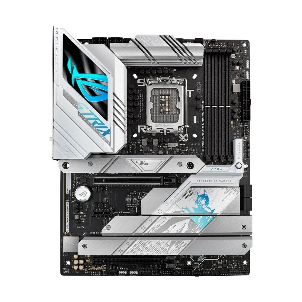 ATX motherboard with silver heatsinks and black PCB