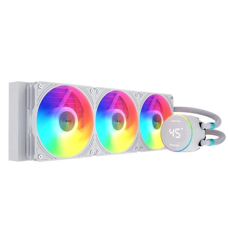 White all-in-one liquid cooler with 397 mm radiator, three 120 mm ARGB fans and square CPU block with display