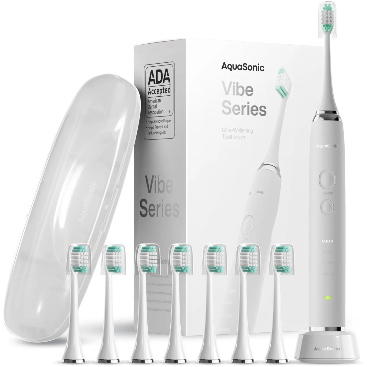  Waterpik Vibe Series Ultra Aquasonic White 40000 VPM 8 Heads Travel Case — foto produk