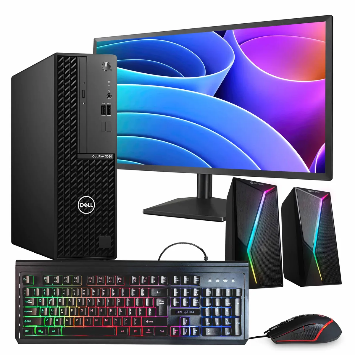 Black Dell OptiPlex 3090 tower with 24 inch monitor keyboard mouse RGB speakers