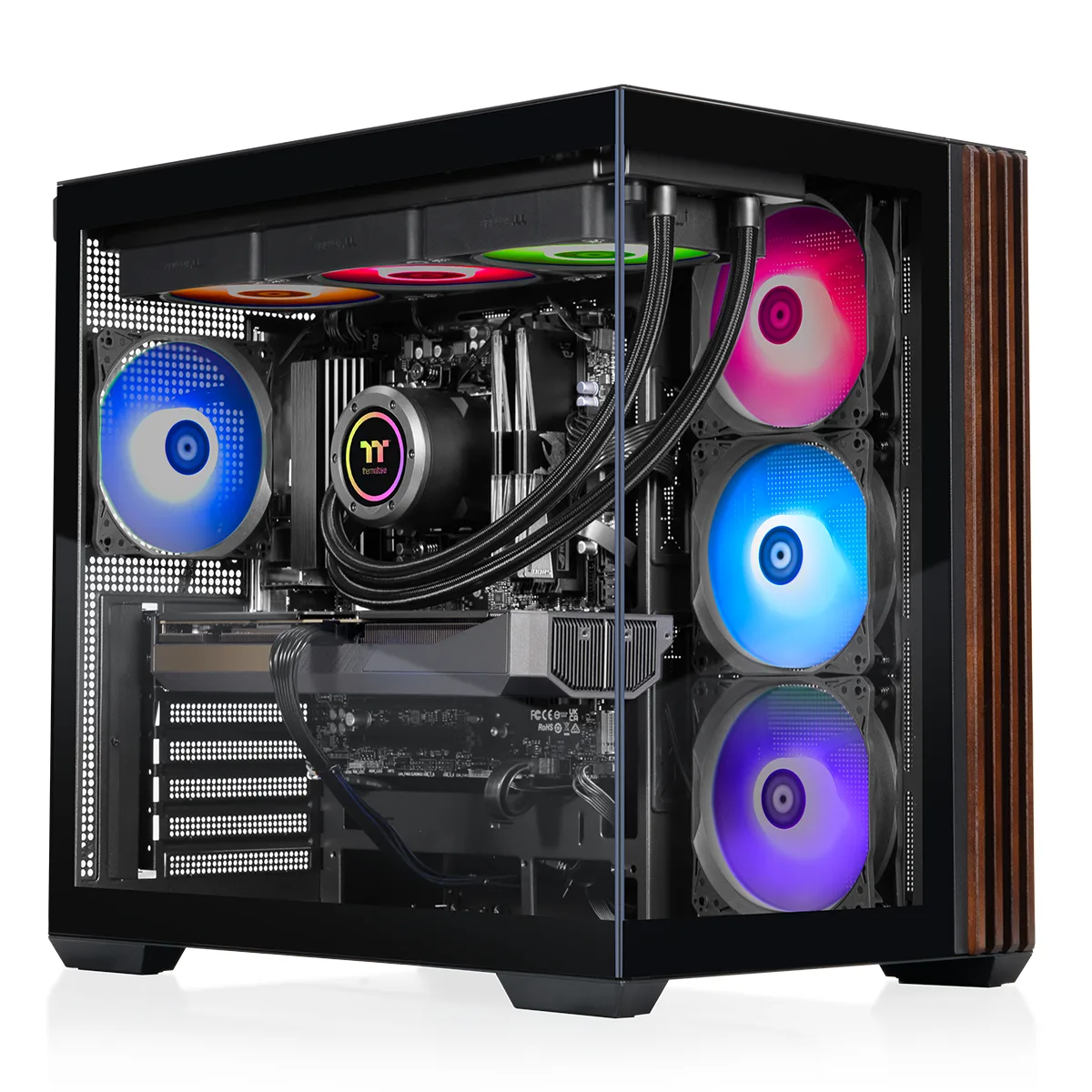 Black Thermaltake desktop tower with liquid cooling visible through side panel