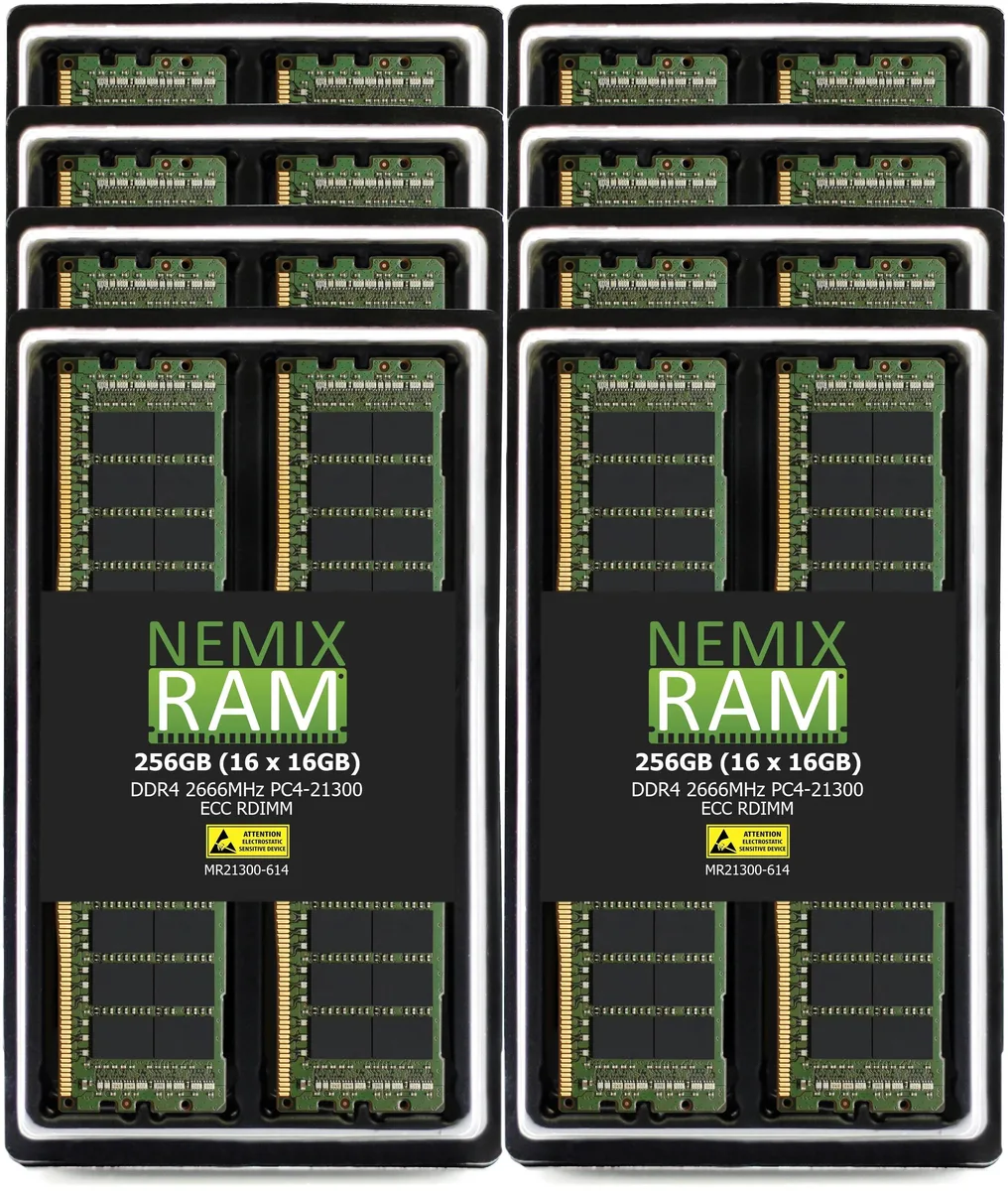 Sixteen green DDR4 RDIMM modules in a tray