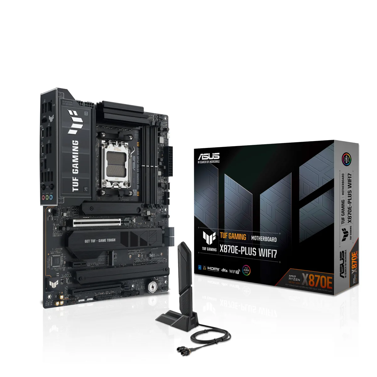 Rectangular ATX motherboard in matte black with grey heatsinks and yellow accents