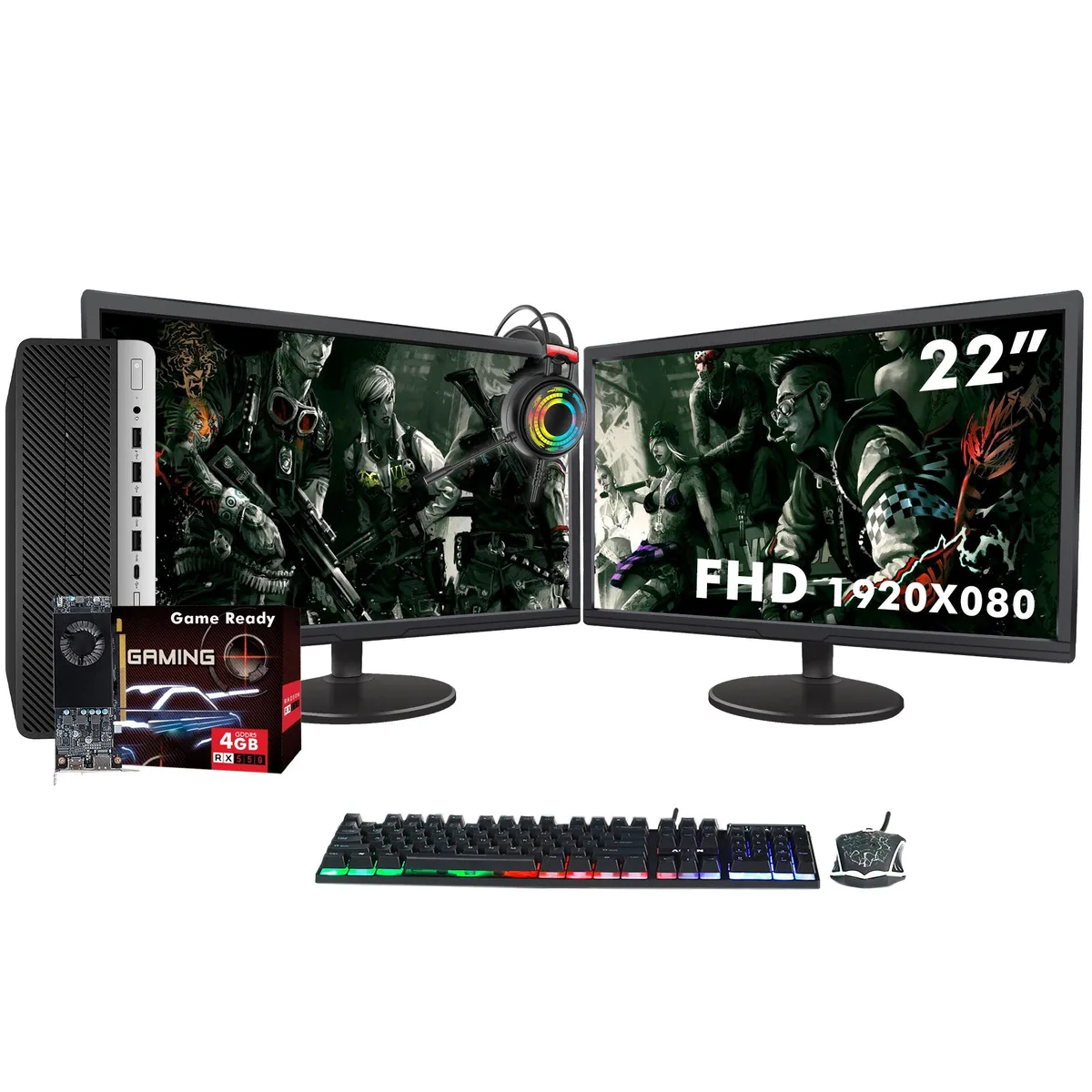 Small black and silver desktop tower beside two 22 inch monitors, keyboard, mouse and headset