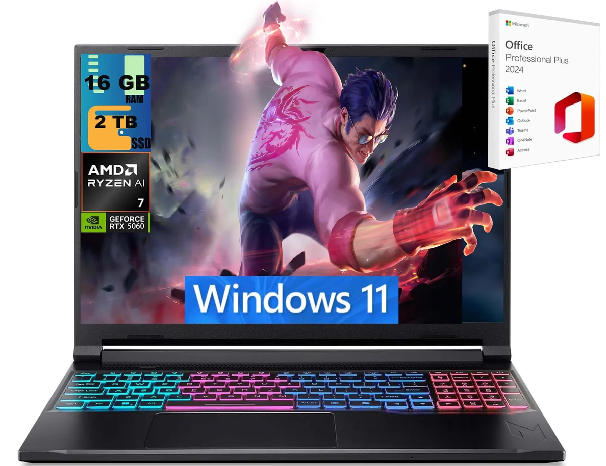 Black 16 inch gaming laptop, matte finish, thin profile