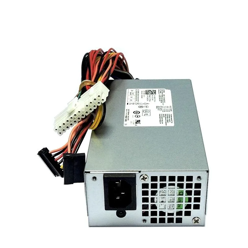 Rectangular metal ATX power supply unit with cooling fan and cable bundle
