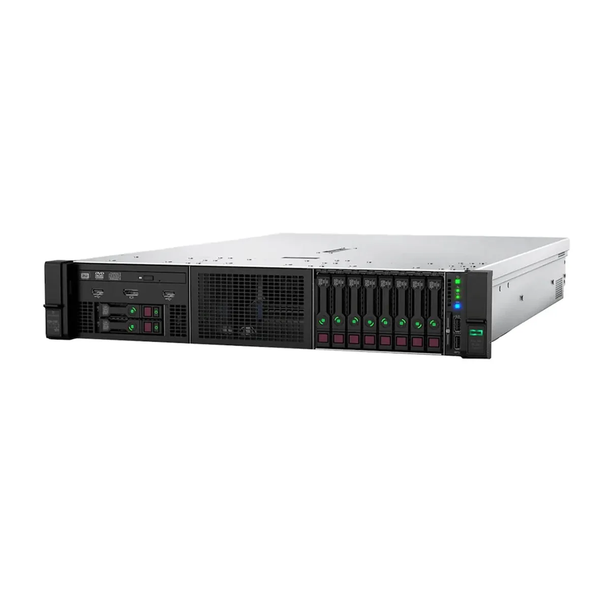 Silver 2U rack server with ten 2.5-inch drive bays front panel LEDs and power supplies