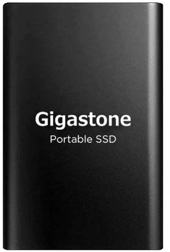 Black rectangular metal portable SSD with USB Type-C port and two cables