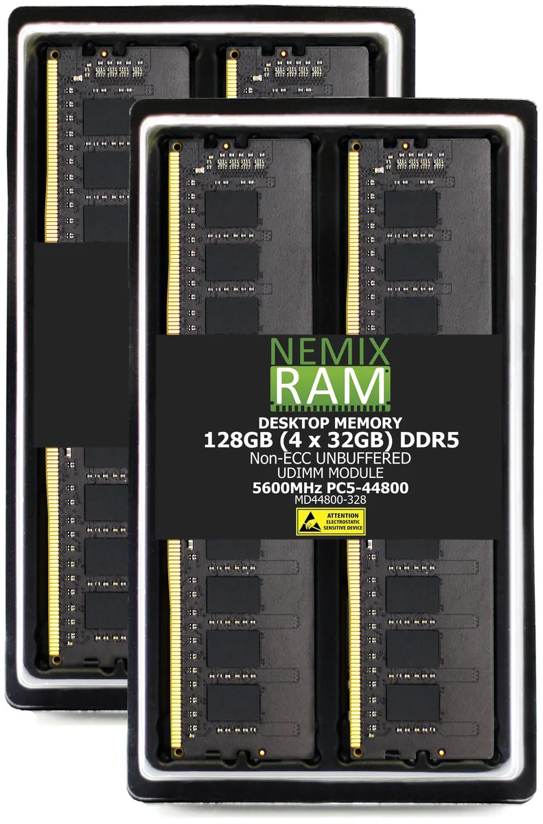NEMIX RAM NEMIX RAM 128GB (4 x 32GB) DDR5 5600MHz PC5-44800 2Rx8 1.1V 288-PIN Non-ECC UDIMM Unbuffered Server Memory — photo du produit