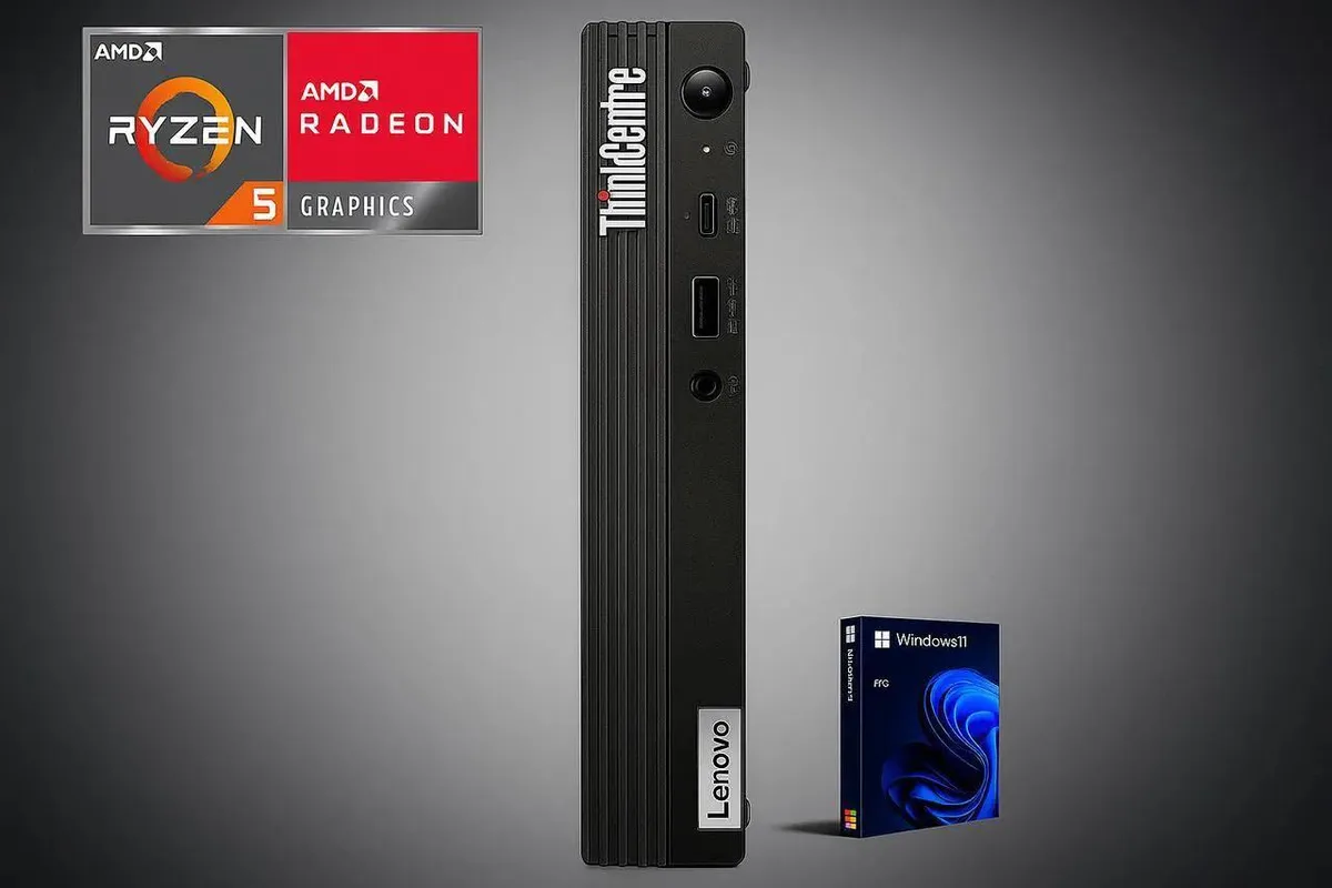 Small black Lenovo ThinkCentre M75q mini desktop with USB keyboard and mouse
