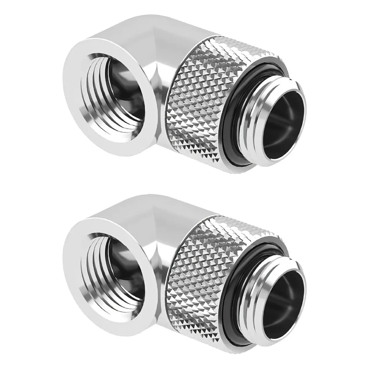 Two silver 90° rotary extender fittings G1/4" nickel-plated brass