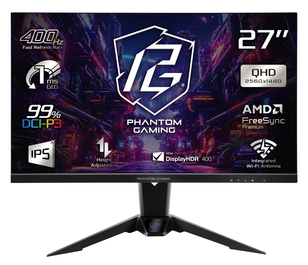 27 inch flat black monitor with thin three sided bezels on adjustable stand