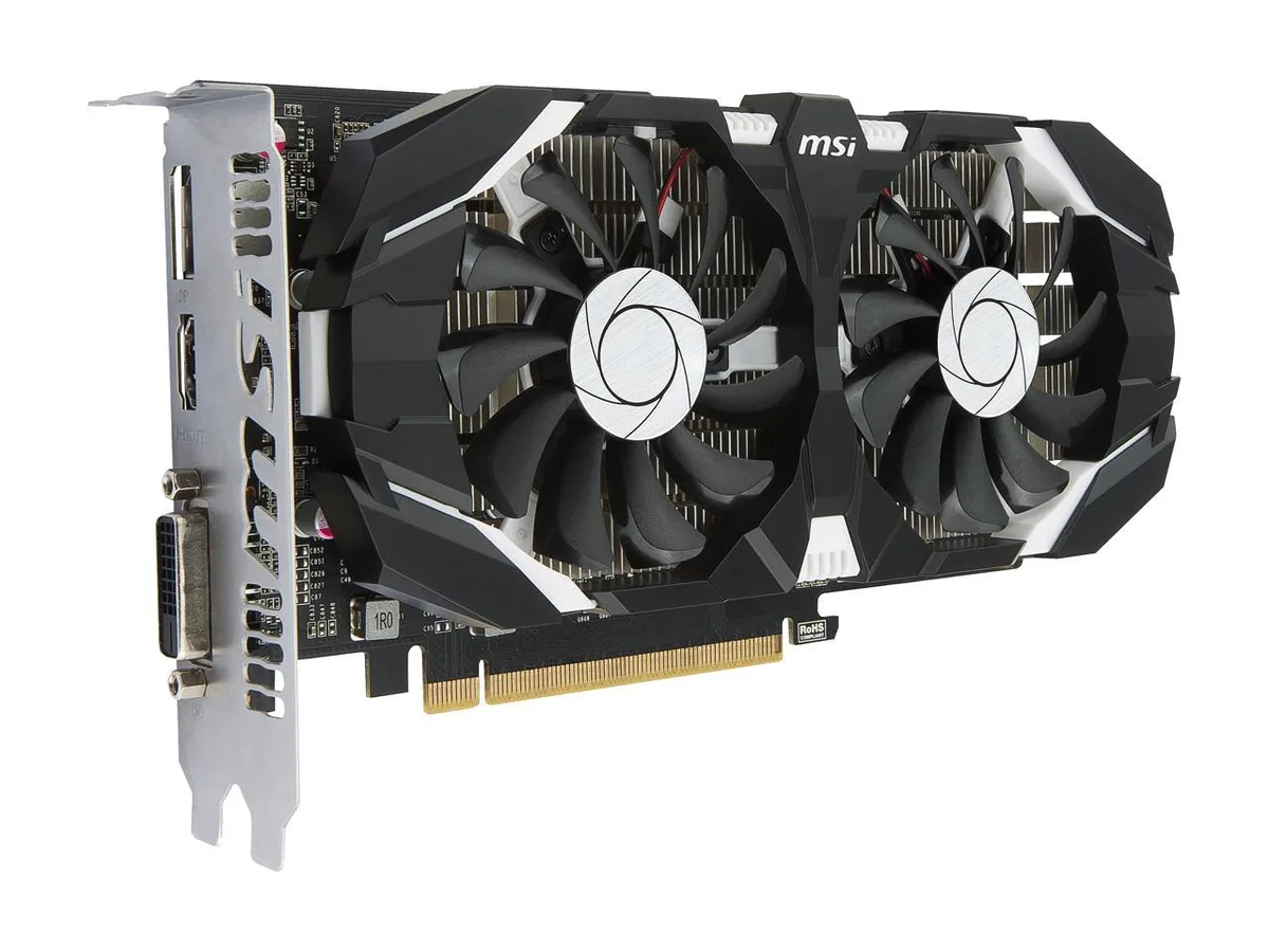 MSI GeForce GTX 1050 dual-fan graphics card with silver shroud and black backplate