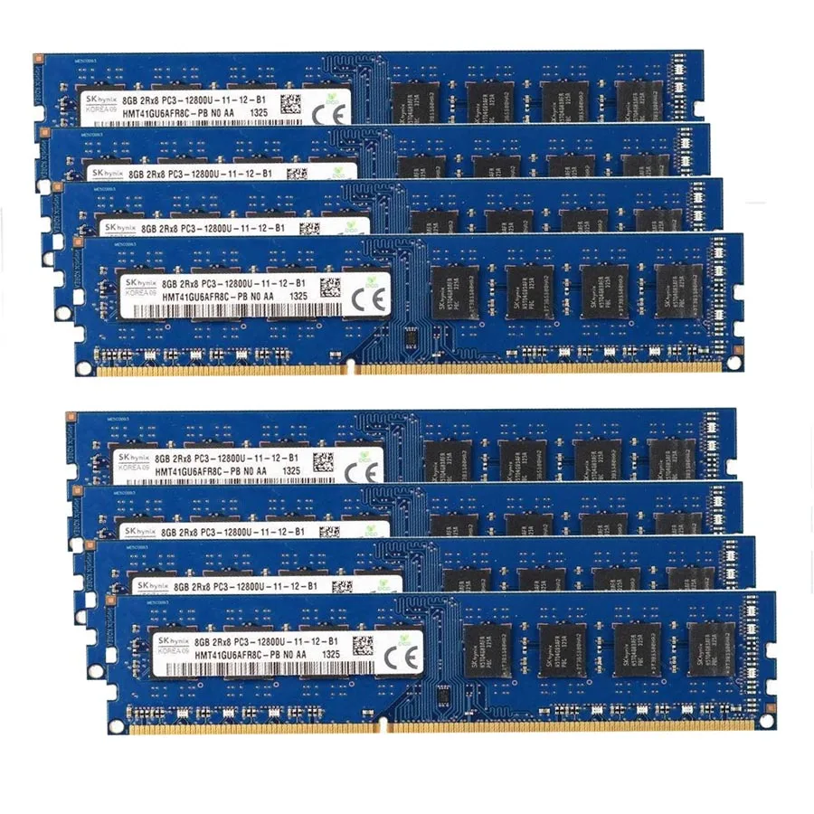 Eight green DDR3 memory sticks with gold contacts and black chips