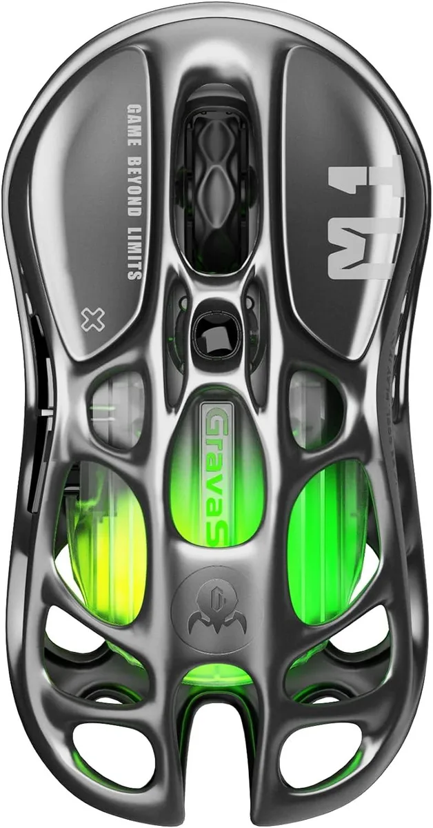Gunmetal grey magnesium alloy gaming mouse with hollowed-out shell and RGB lighting