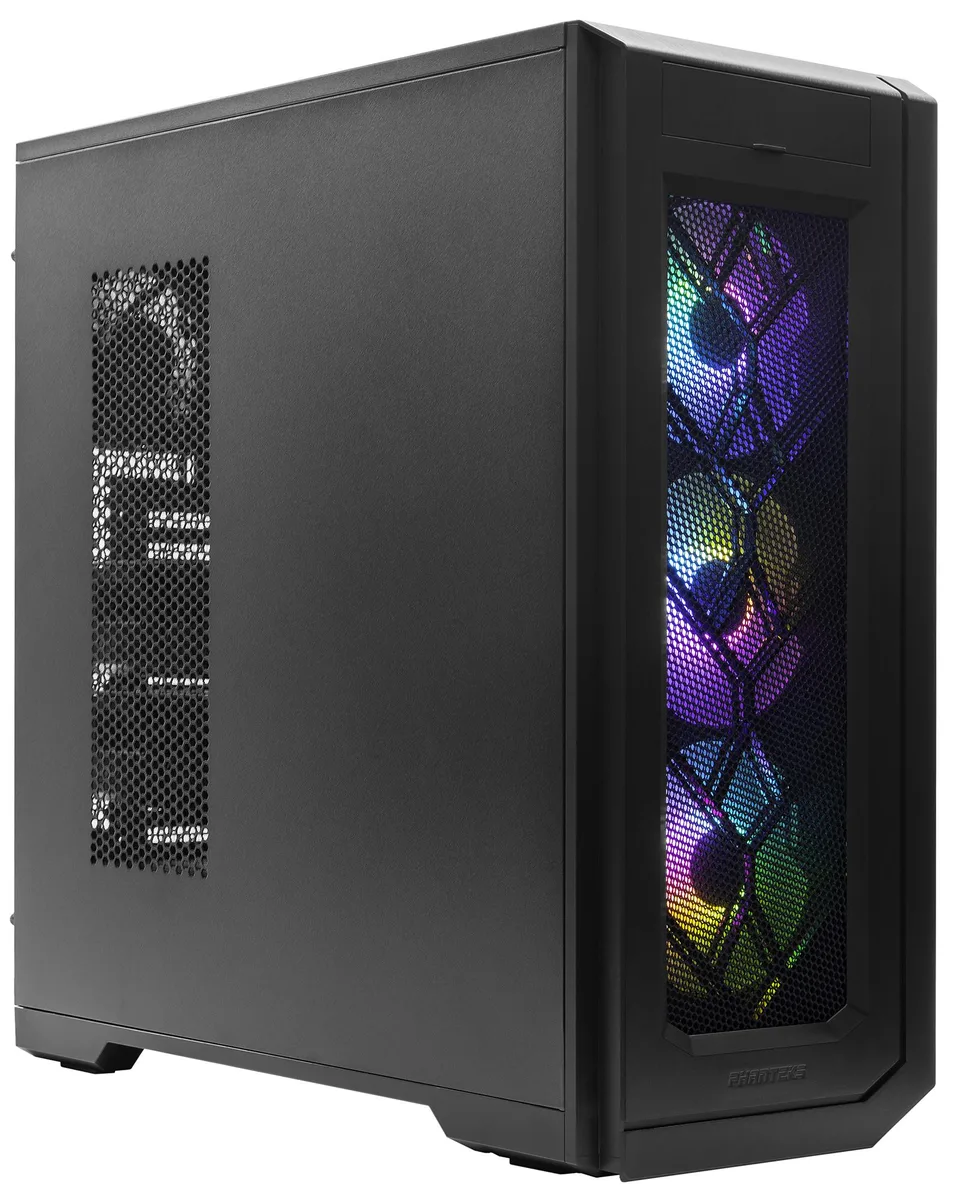 Large black tower workstation with liquid cooling and dual graphics cards