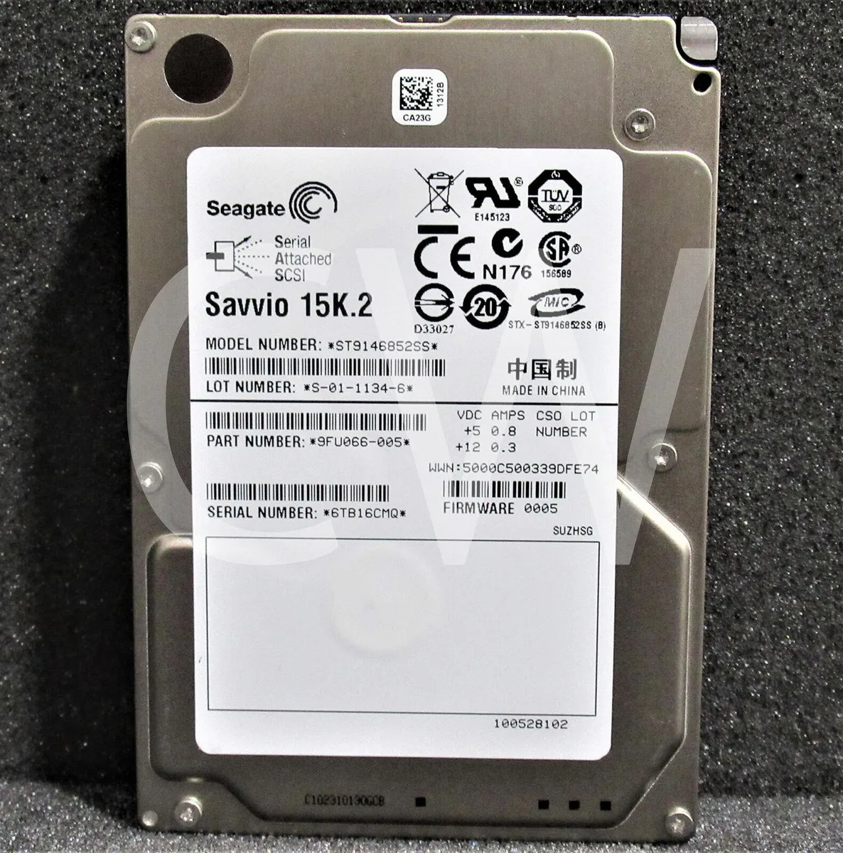 Silver 2.5 inch SAS hard drive with label showing model and capacity