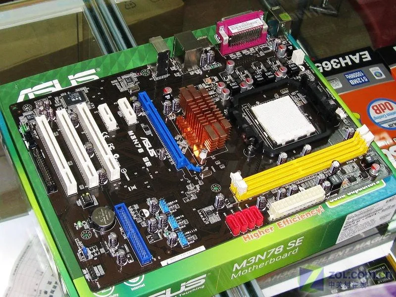 Green ATX motherboard with black DDR2 slots and silver I/O shield