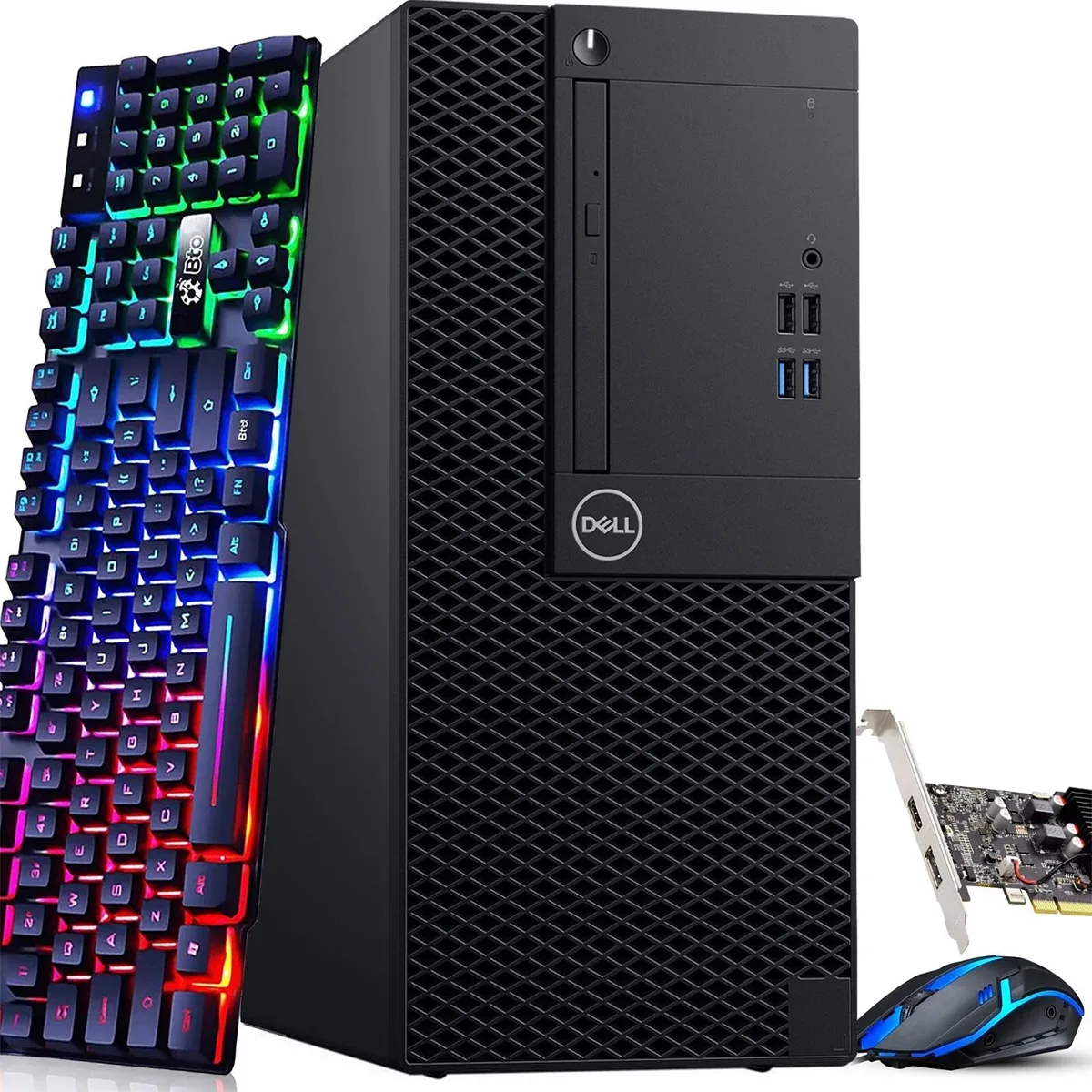 Black Dell OptiPlex mini tower desktop with RGB keyboard and mouse