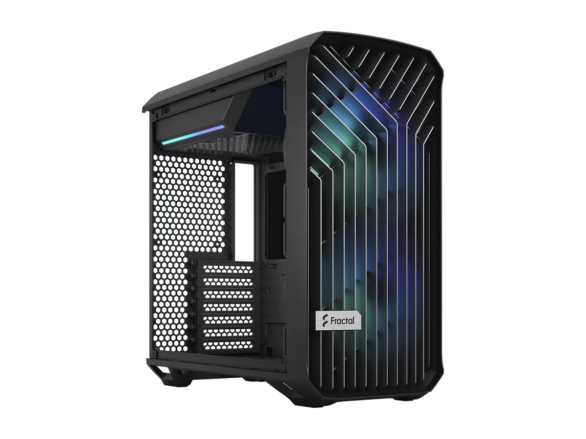 Black mid-tower ATX case with tempered glass side panel and two large front fans