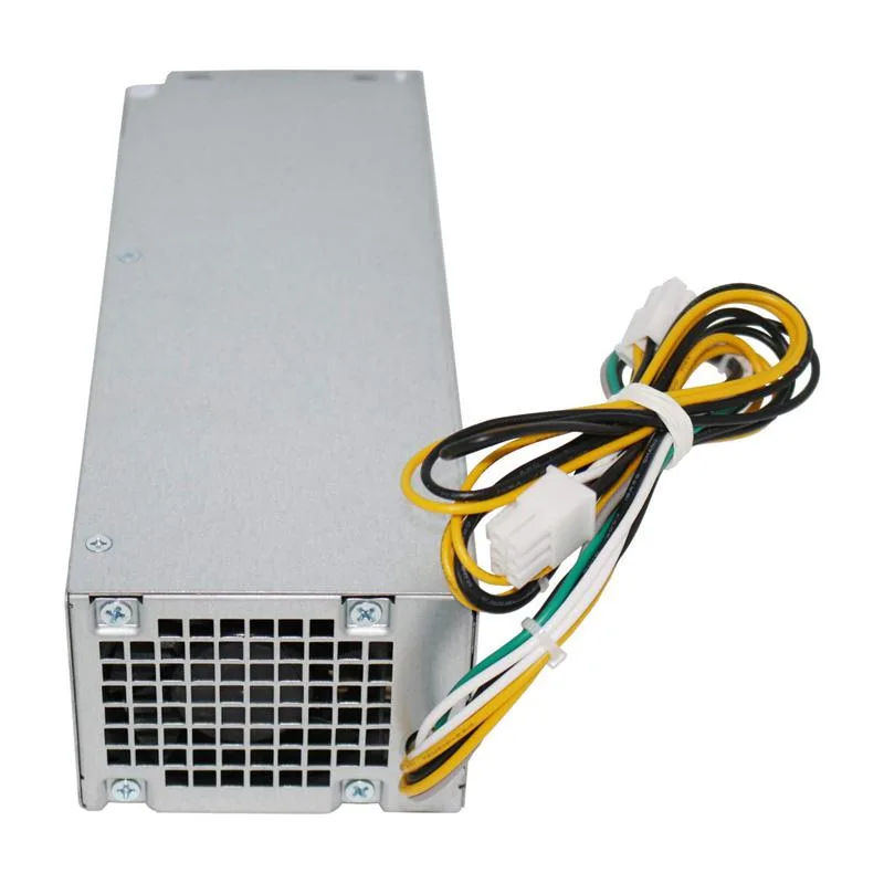 Rectangular metal power supply unit with side fan grille and cable bundle