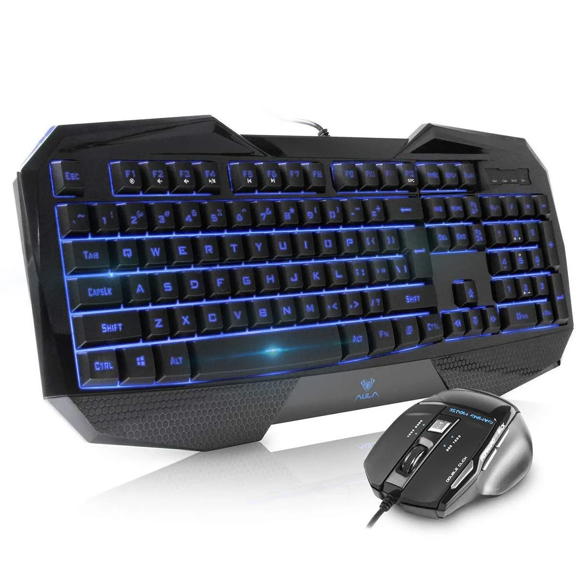 Black full-size wired gaming keyboard with palm rest and matching USB mouse, both with LED backlighting