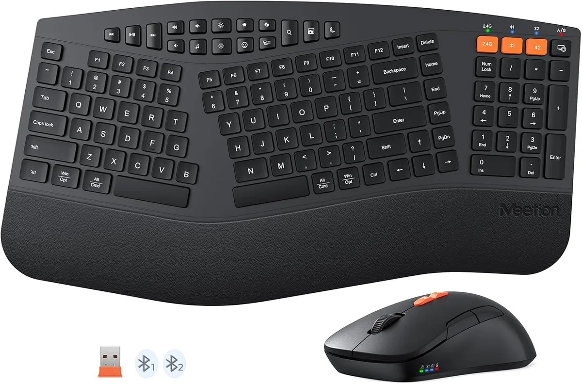Full-size split ergonomic keyboard with low-profile keys and leather wrist rest