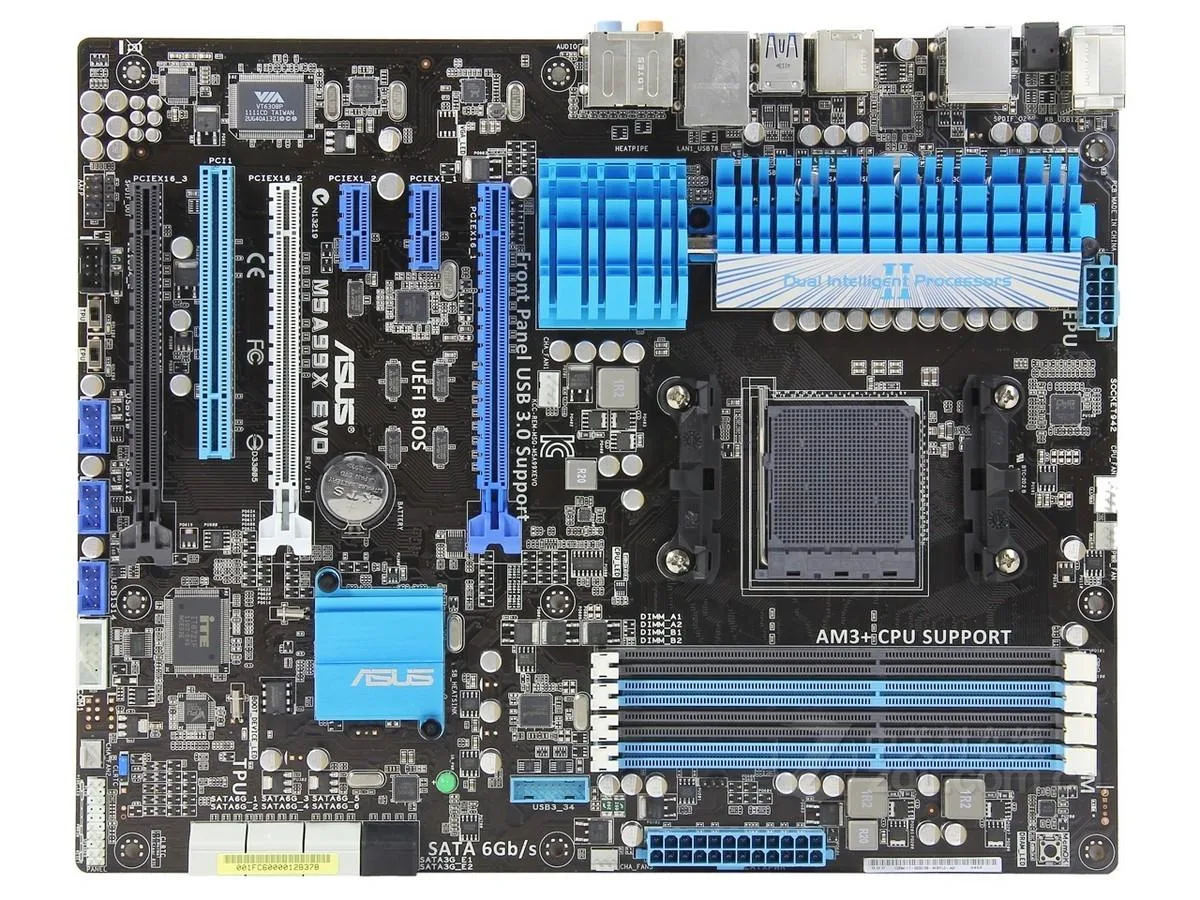 ATX motherboard with black PCB and silver heatsinks