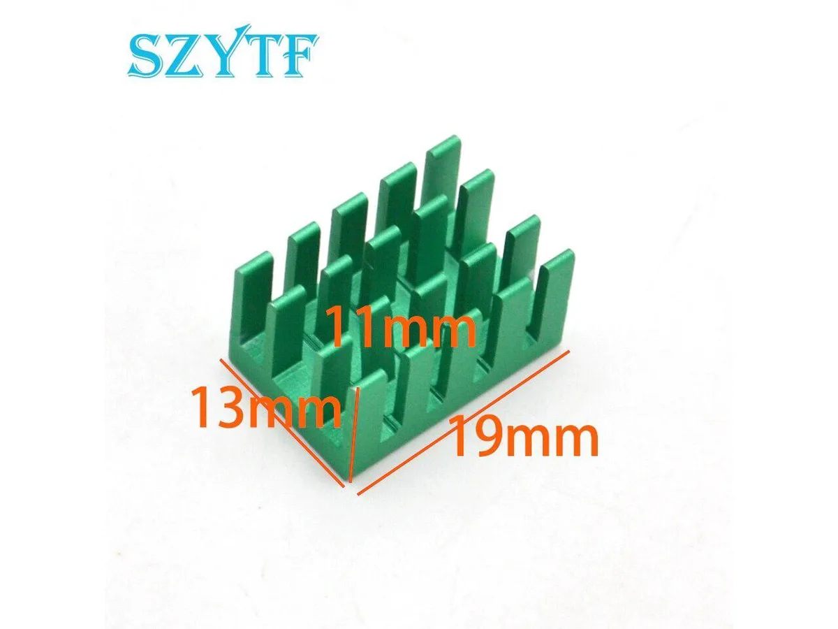 Fifty small aluminium heat sinks with fins 19 by 13 by 11 millimetres