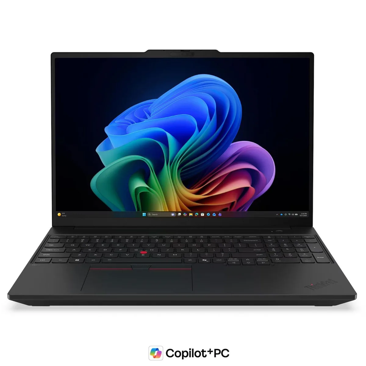 Black 16-inch Lenovo ThinkPad laptop closed, matte finish, subtle red TrackPoint visible