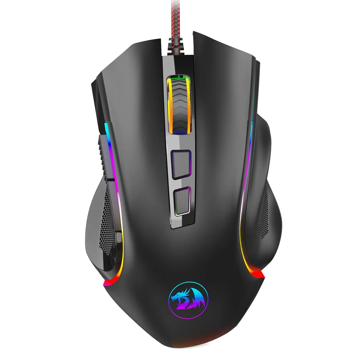 Black right-handed gaming mouse with ergonomic shape, braided cable and RGB lighting