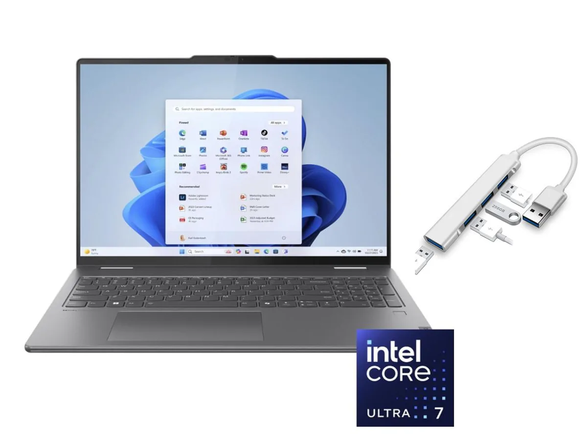 Grey convertible laptop with 16 inch touchscreen display and backlit keyboard