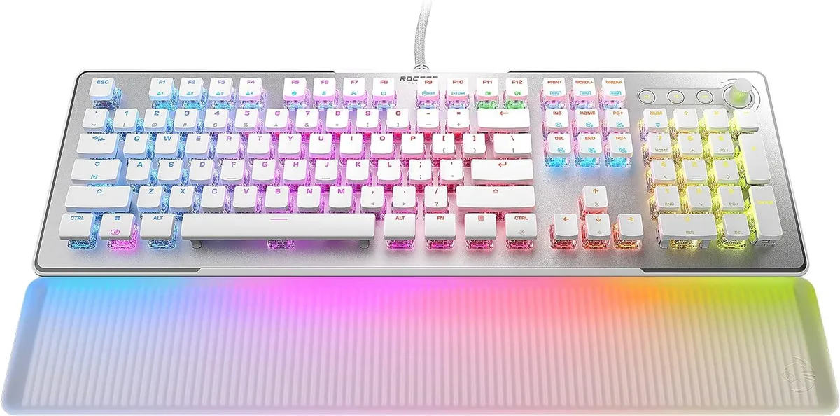 White low-profile gaming keyboard with translucent detachable palm rest and aluminum top plate