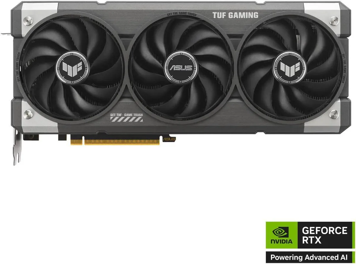 ASUS TUF Gaming GeForce RTX 5060 graphics card in grey finish with triple-fan cooler and metal backplate